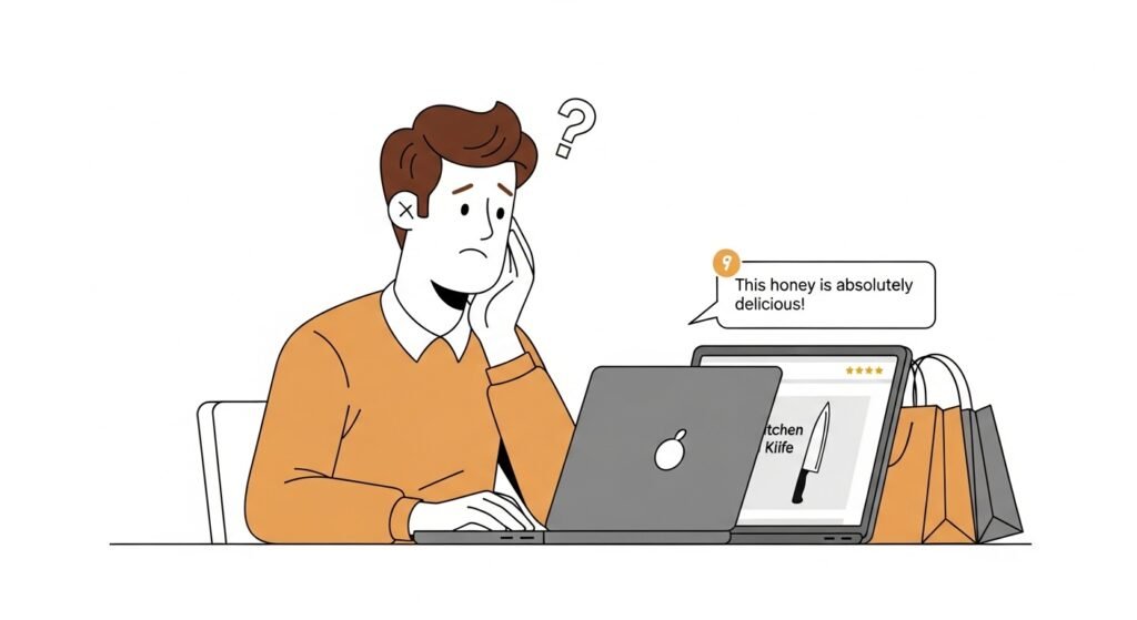 Confused Amazon shopper reading a review about honey on a kitchen knife product listing