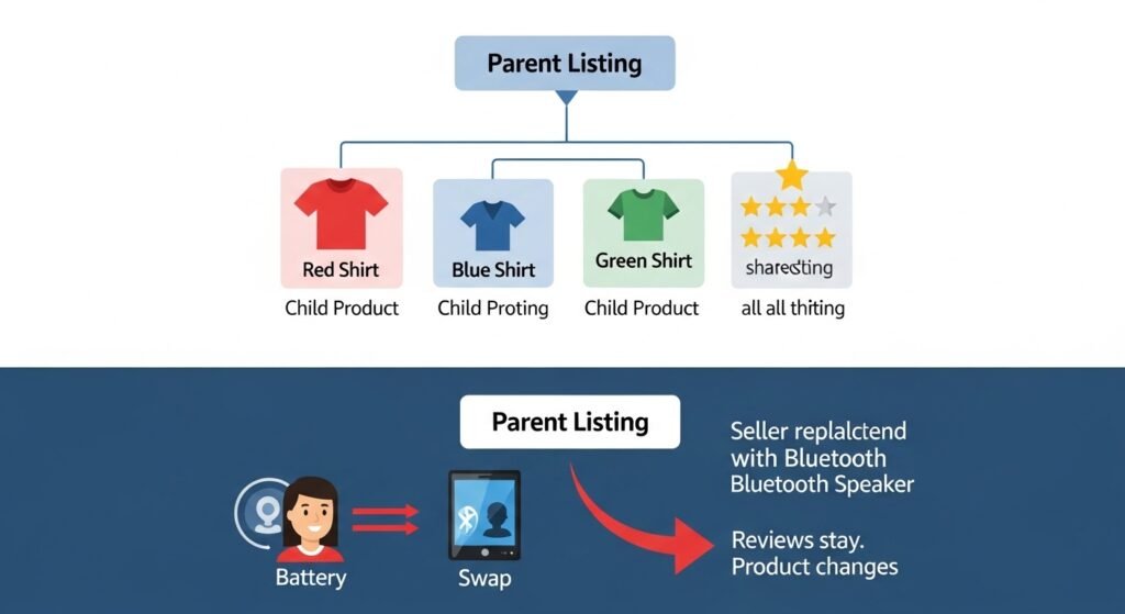 Diagram showing how Amazon parent and child product variations share a review pool, and how sellers exploit this to swap products while keeping reviews