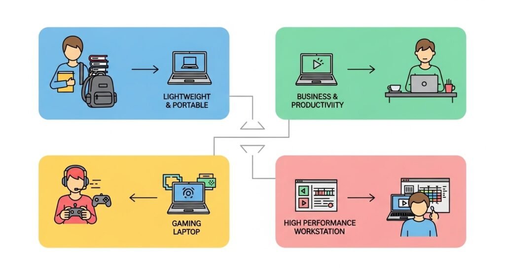 Laptop use case decision tree — student, office, gaming, and creative work recommendation