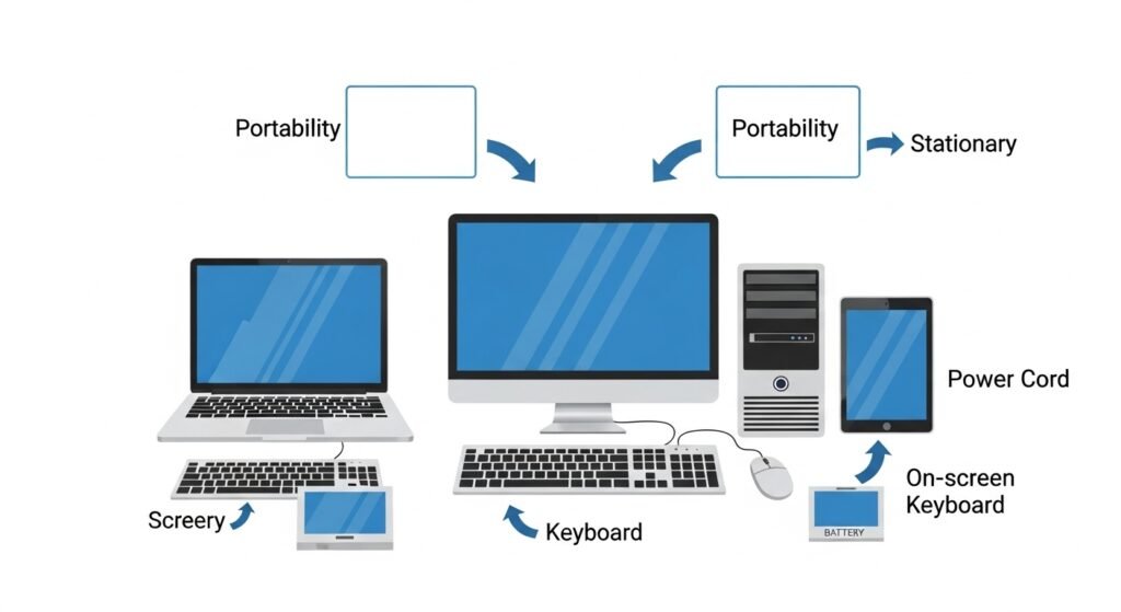 Laptop vs desktop vs tablet comparison illustration showing key differences for beginners