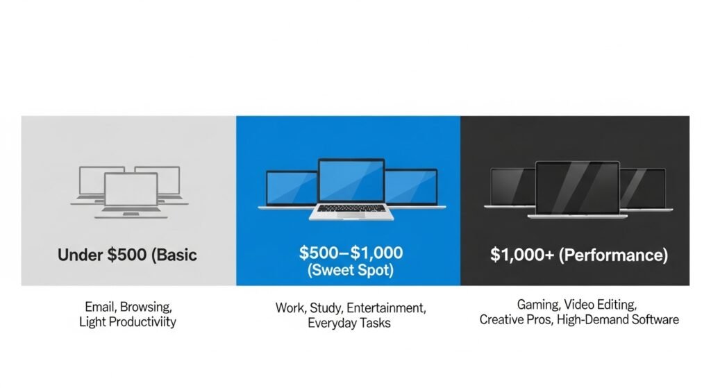 Laptop budget guide showing three price tiers — budget under $500, mid-range $500–$1,000, and premium over $1,000