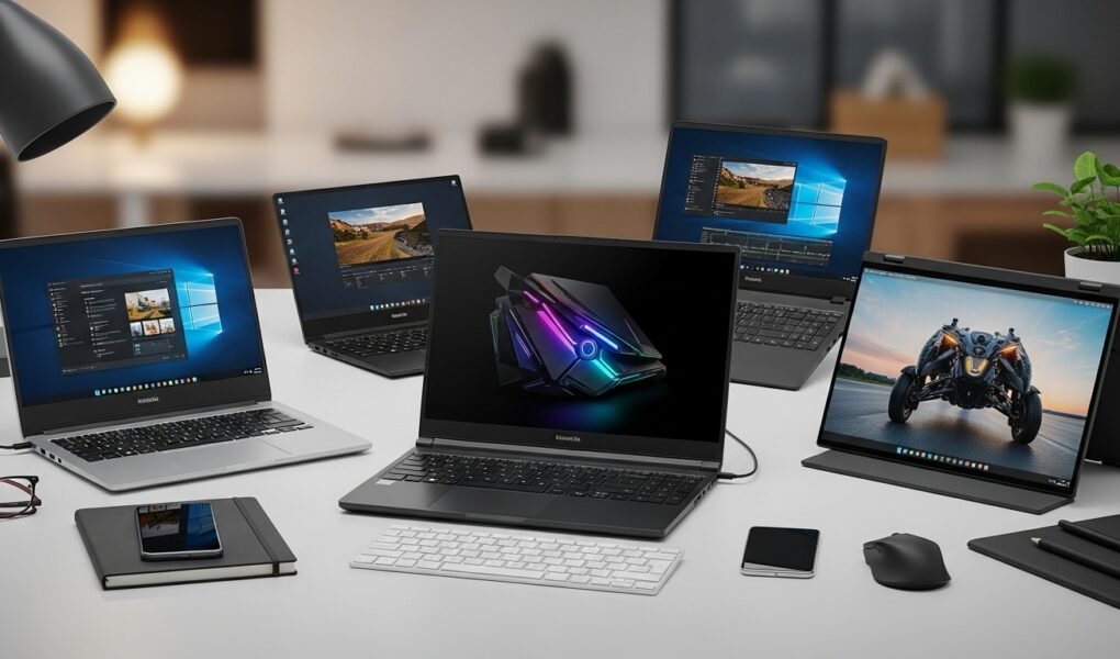 Different types of laptops on a modern workspace showing business, gaming, and creative use cases for a laptop buying guide 2026