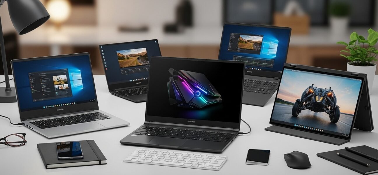 Different types of laptops on a modern workspace showing business, gaming, and creative use cases for a laptop buying guide 2026