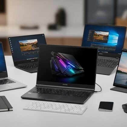 Different types of laptops on a modern workspace showing business, gaming, and creative use cases for a laptop buying guide 2026