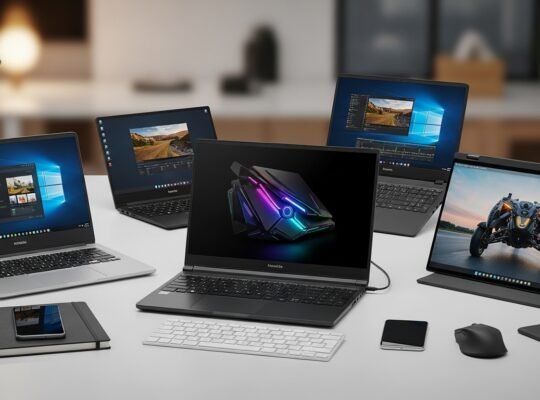 Different types of laptops on a modern workspace showing business, gaming, and creative use cases for a laptop buying guide 2026