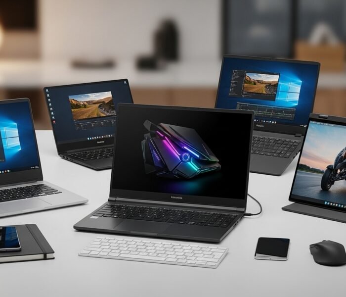Different types of laptops on a modern workspace showing business, gaming, and creative use cases for a laptop buying guide 2026