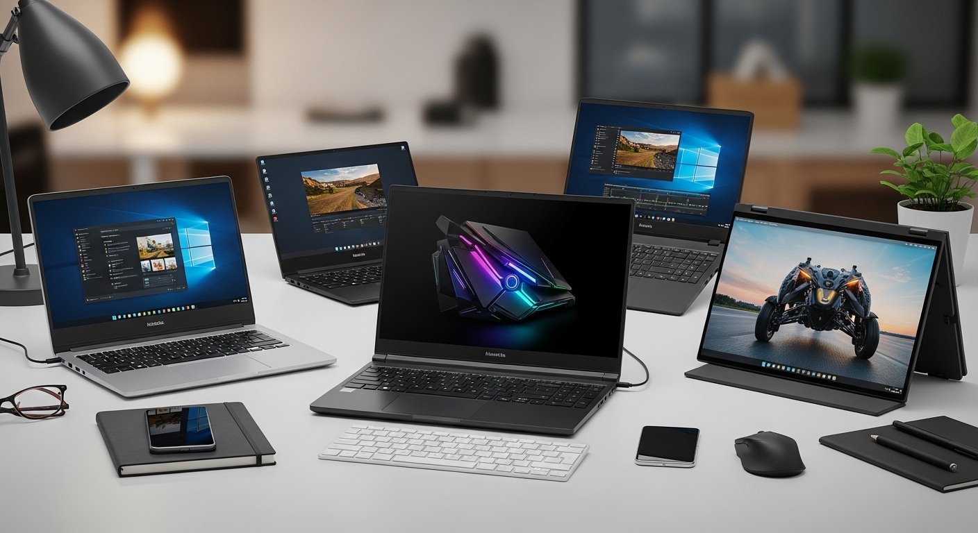 Different types of laptops on a modern workspace showing business, gaming, and creative use cases for a laptop buying guide 2026