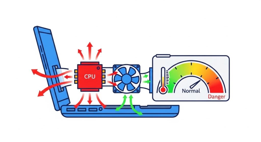 Laptop overheating diagram showing CPU heat flow, internal fans and vent airflow with temperature zones