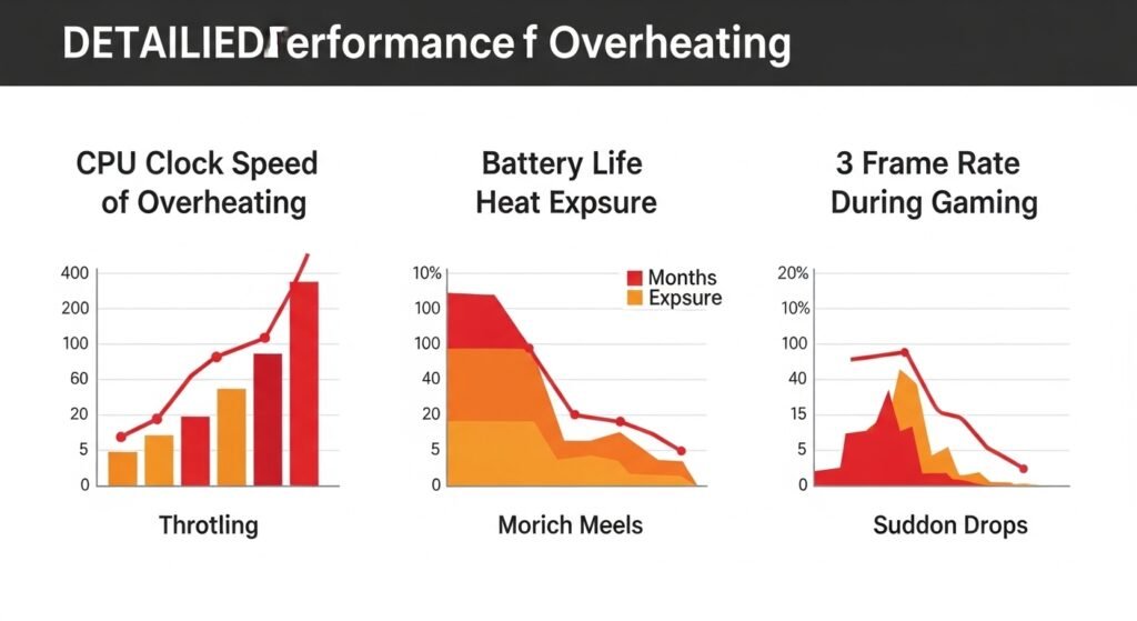 How laptop overheating damages performance,  CPU throttling, battery degradation and gaming frame drops shown in charts
