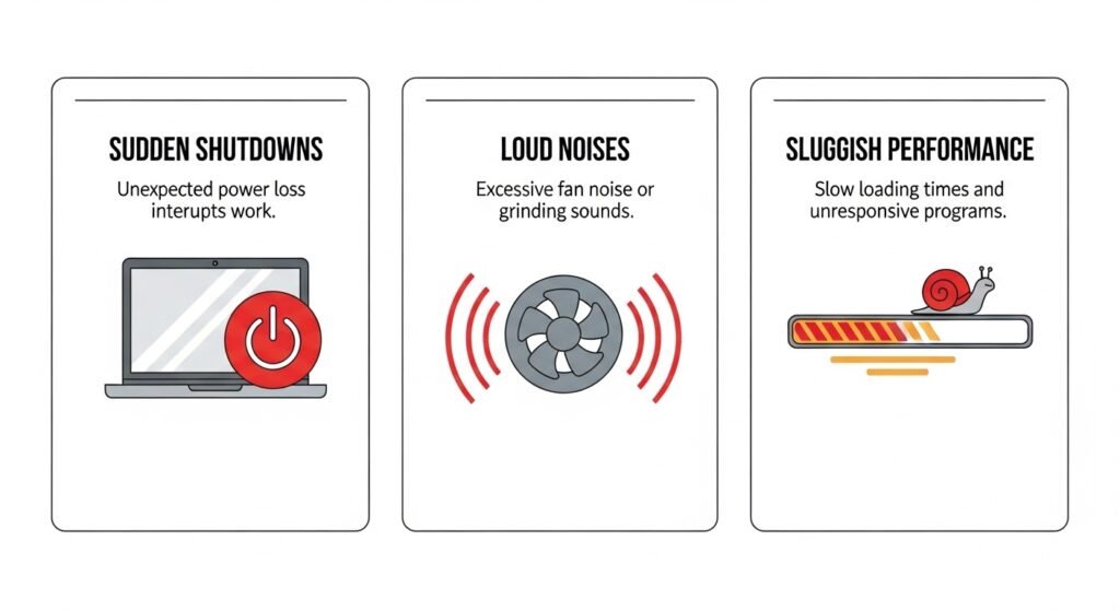 Three warning signs of laptop overheating — sudden shutdown, loud fan noise, and slow performance