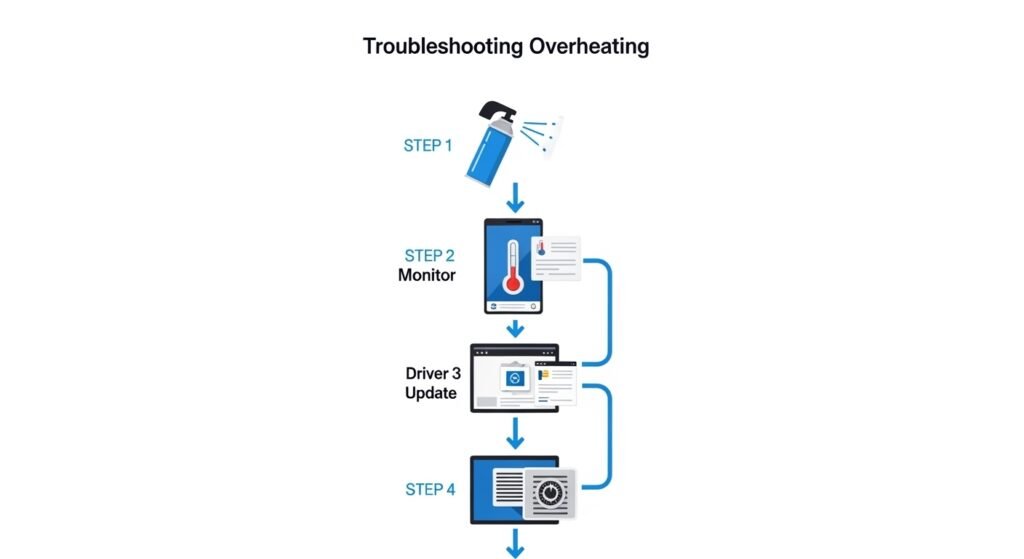 Step-by-step laptop overheating troubleshooting guide — clean vents, check fan, update drivers, adjust power settings"