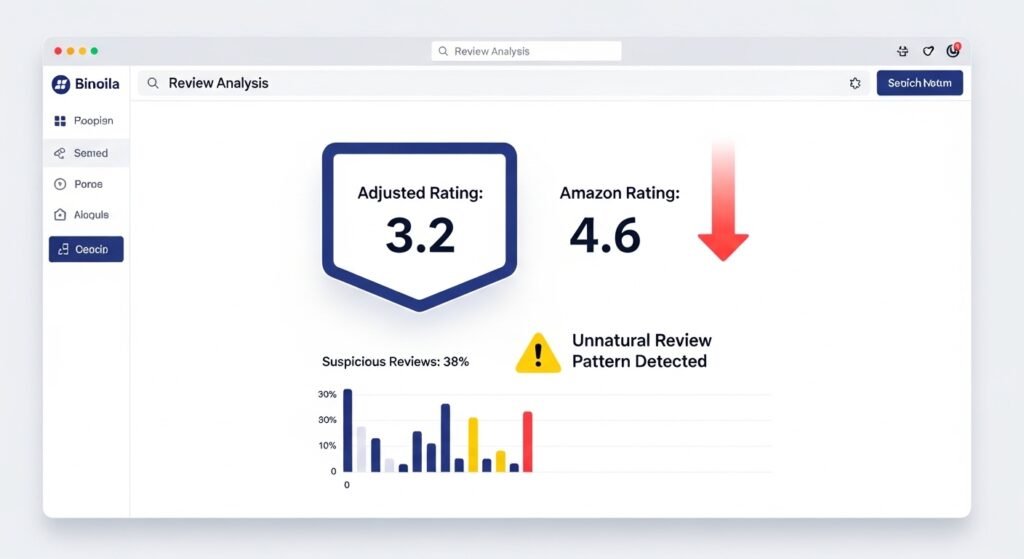 Amazon review analysis tool showing an adjusted rating of 3.2 versus Amazon's displayed 4.6 rating, with a suspicious review pattern warning