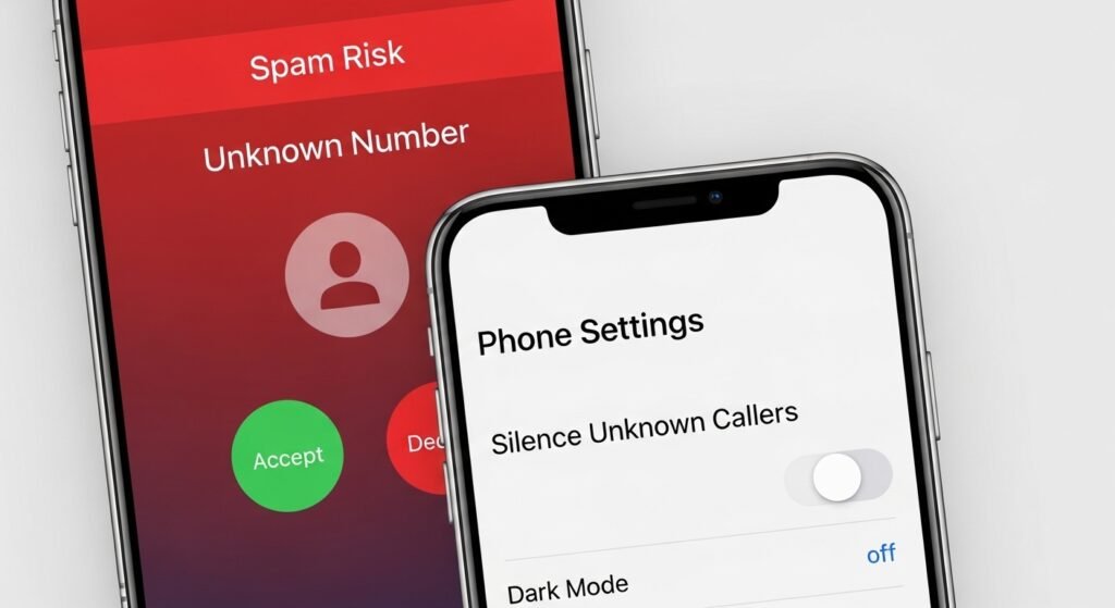 How to silence spam calls on iPhone ,  screenshot showing Silence Unknown Callers setting