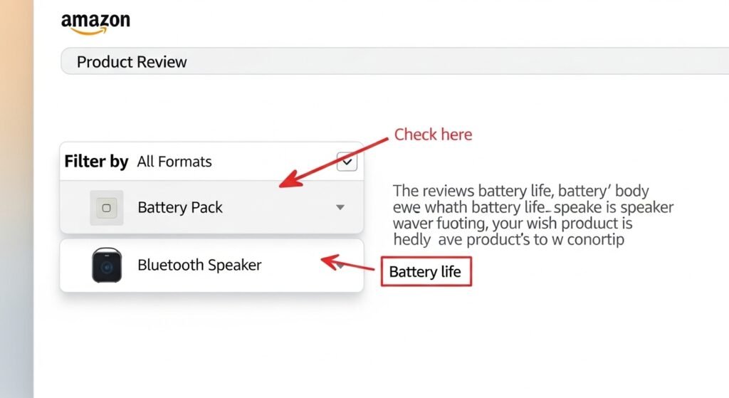Amazon product review page showing the All Formats filter dropdown with an annotation pointing to mismatched review content