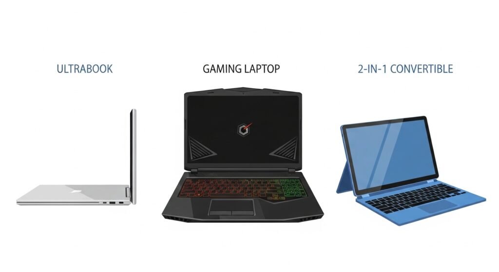 Types of laptops — ultrabook, gaming laptop, and 2-in-1 convertible illustrated side by side