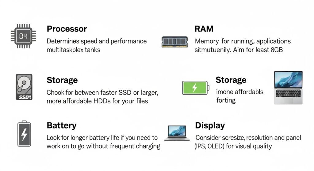 Laptop buying guide checklist showing processor, RAM, storage, battery and display specs