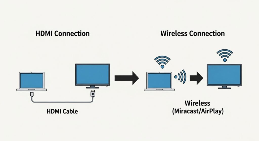 How to connect a laptop to a TV using HDMI cable or wirelessly via Miracast