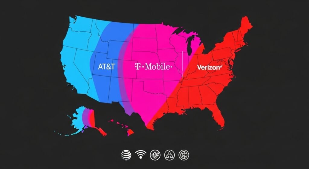 US cell phone coverage map showing AT&T, T-Mobile, and Verizon network areas