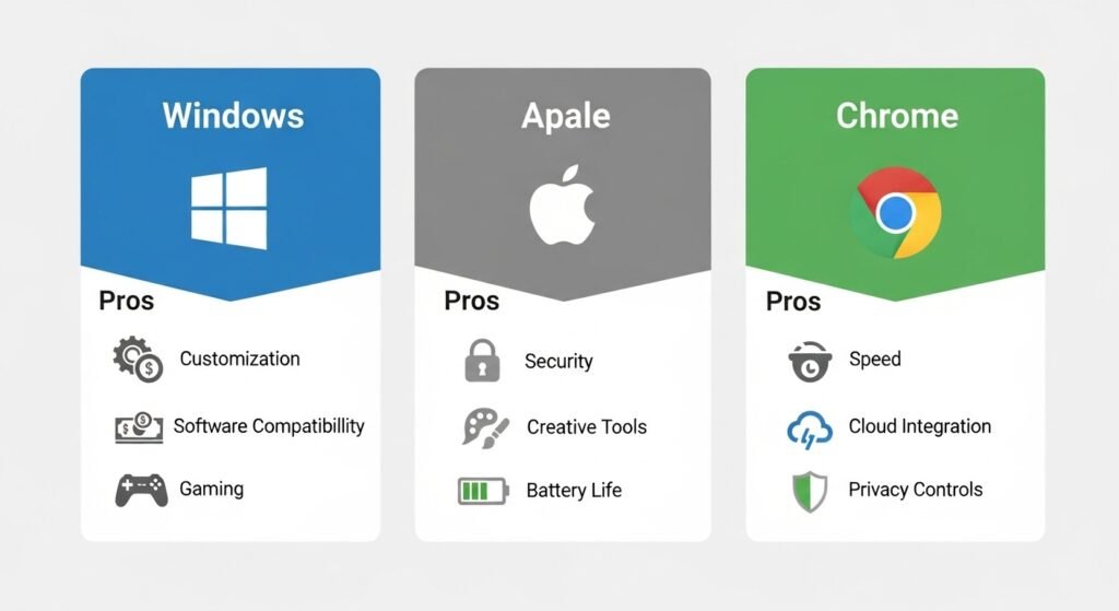 Windows vs macOS vs ChromeOS comparison infographic showing pros for each operating system