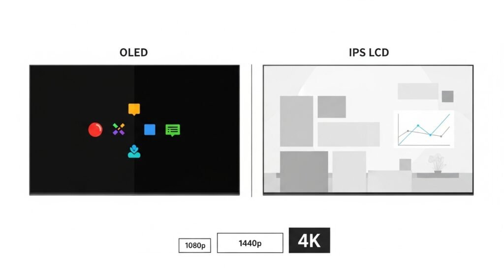 OLED vs LCD laptop screen comparison diagram showing colour and contrast differences