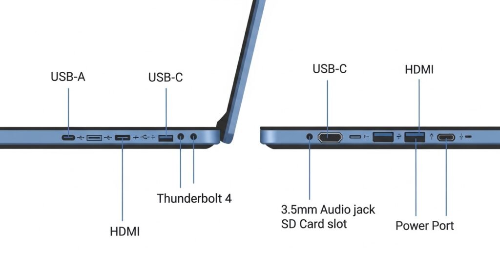 Laptop ports diagram labelling USB-C, Thunderbolt, HDMI, USB-A and audio jack connections