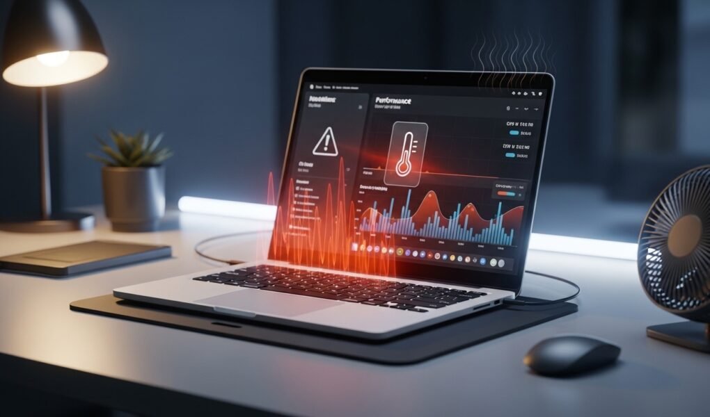 Laptop overheating problem shown on a modern laptop with temperature warning and cooling setup including cooling pad and fan, representing beginner guide to fixing and preventing laptop heat in 2026