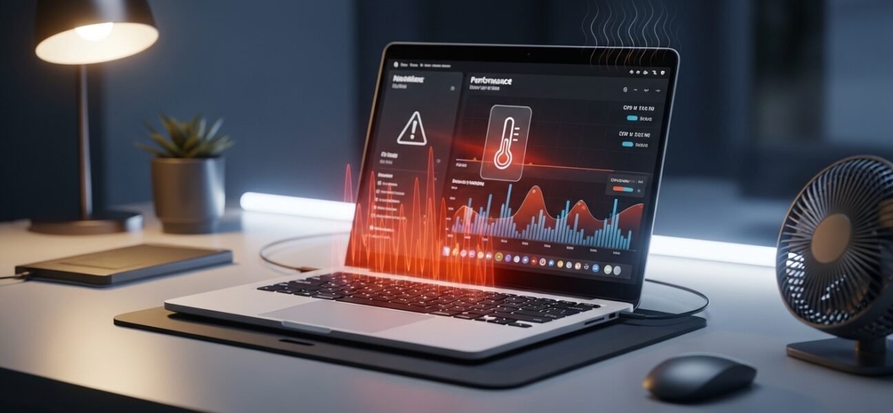Laptop overheating problem shown on a modern laptop with temperature warning and cooling setup including cooling pad and fan, representing beginner guide to fixing and preventing laptop heat in 2026