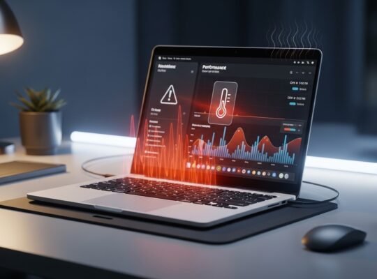Laptop overheating problem shown on a modern laptop with temperature warning and cooling setup including cooling pad and fan, representing beginner guide to fixing and preventing laptop heat in 2026