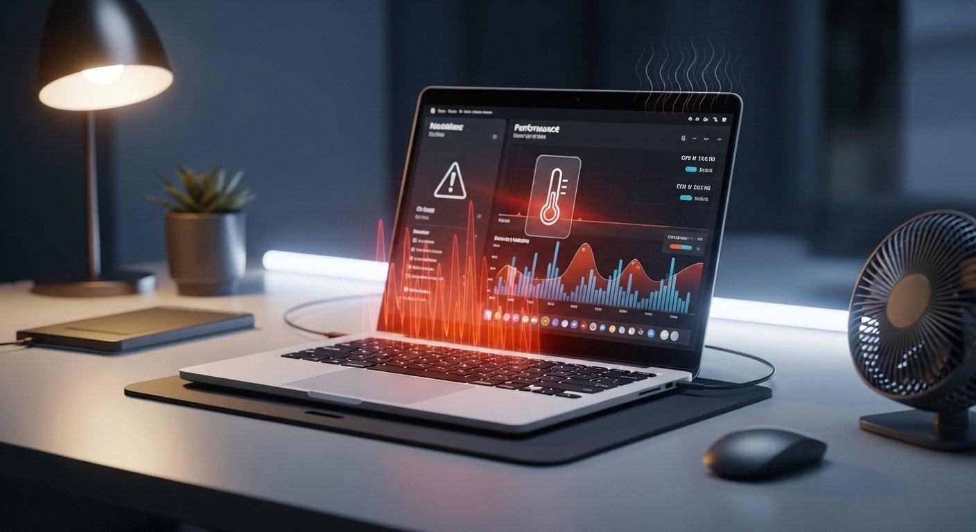 Laptop overheating problem shown on a modern laptop with temperature warning and cooling setup including cooling pad and fan, representing beginner guide to fixing and preventing laptop heat in 2026