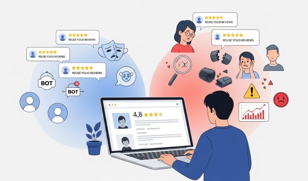 Illustration of fake online reviews versus real product quality.