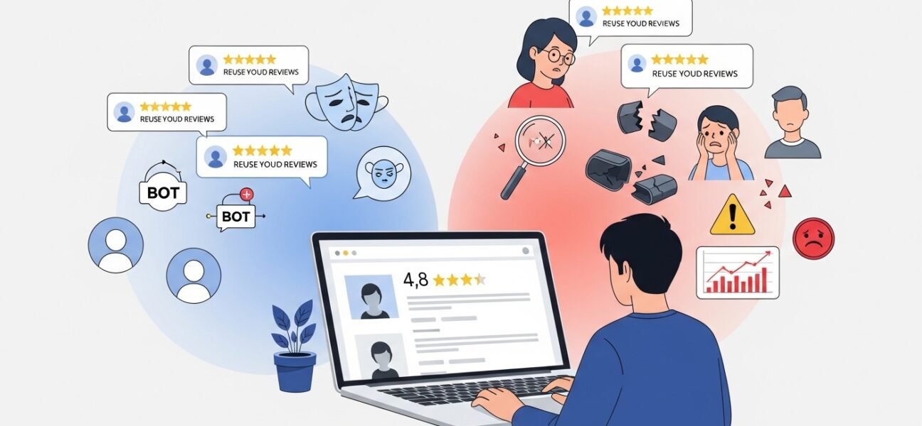 Illustration of fake online reviews versus real product quality.