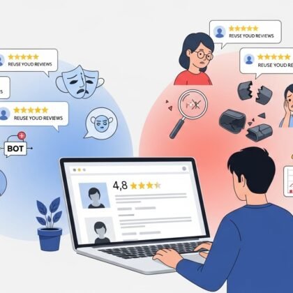 Illustration of fake online reviews versus real product quality.