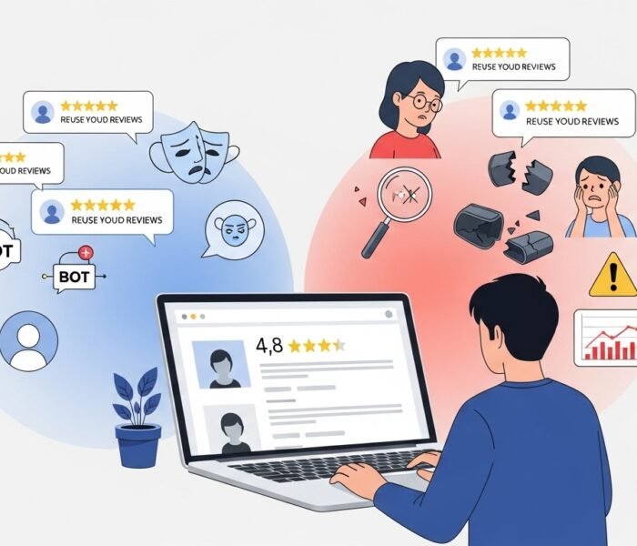 Illustration of fake online reviews versus real product quality.