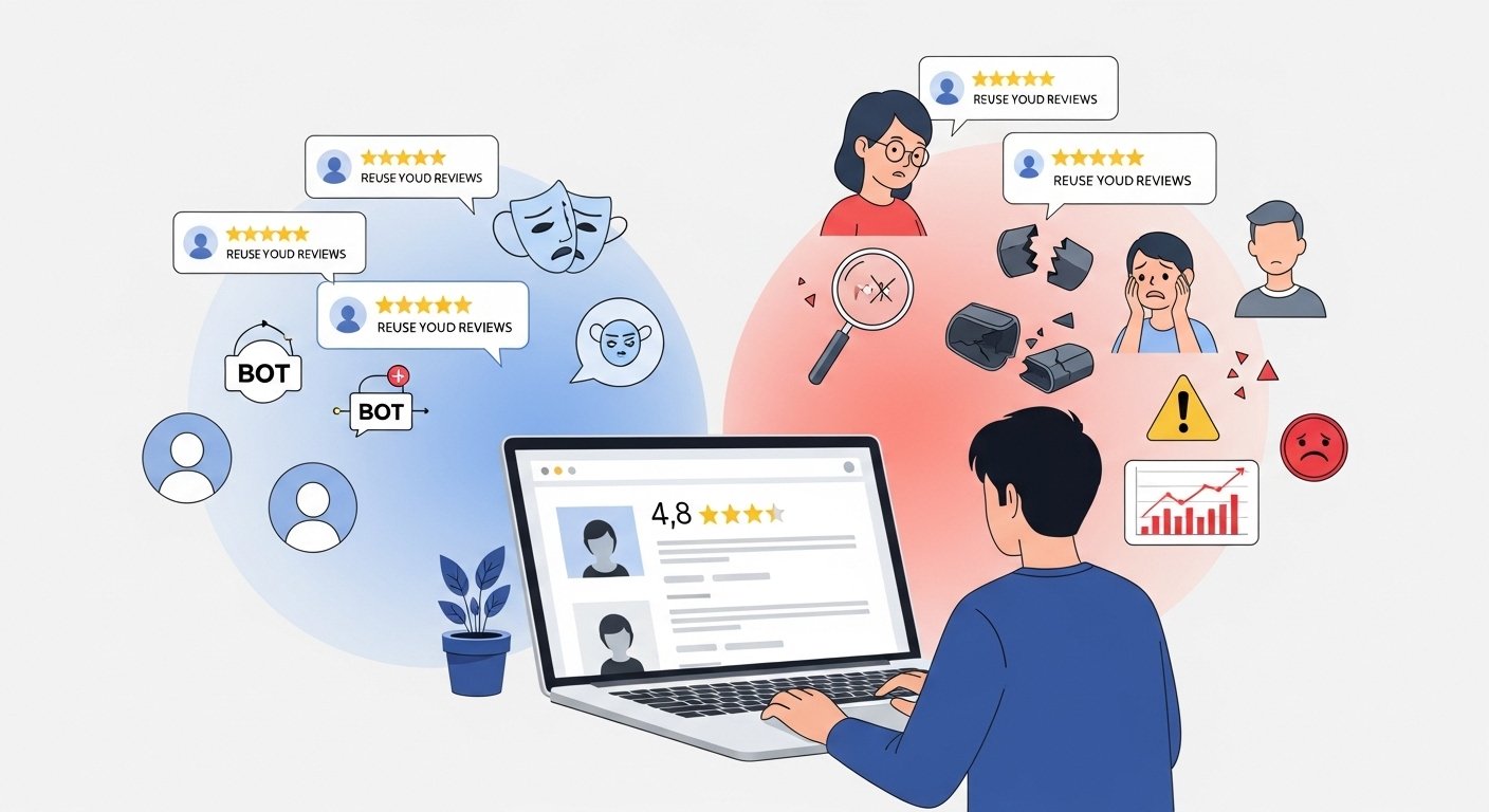 Illustration of fake online reviews versus real product quality.