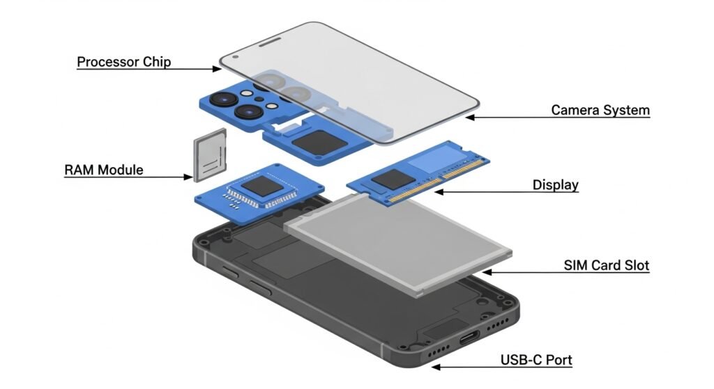 Cell phone parts diagram ,  labeled illustration showing key smartphone components