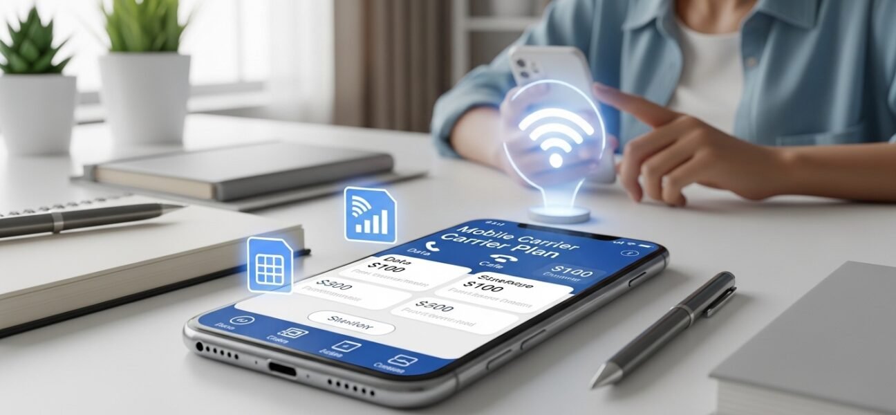 Beginner user comparing cell phone plans on a modern smartphone with pricing, data options, and network icons in a clean workspace (2026)