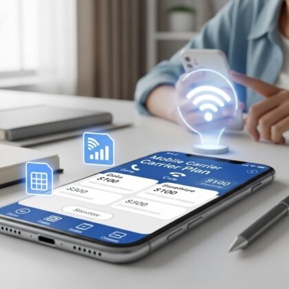 Beginner user comparing cell phone plans on a modern smartphone with pricing, data options, and network icons in a clean workspace (2026)
