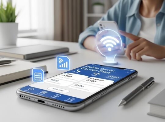 Beginner user comparing cell phone plans on a modern smartphone with pricing, data options, and network icons in a clean workspace (2026)