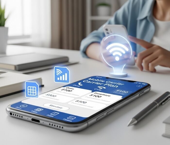 Beginner user comparing cell phone plans on a modern smartphone with pricing, data options, and network icons in a clean workspace (2026)