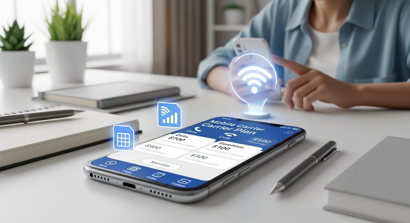 Beginner user comparing cell phone plans on a modern smartphone with pricing, data options, and network icons in a clean workspace (2026)