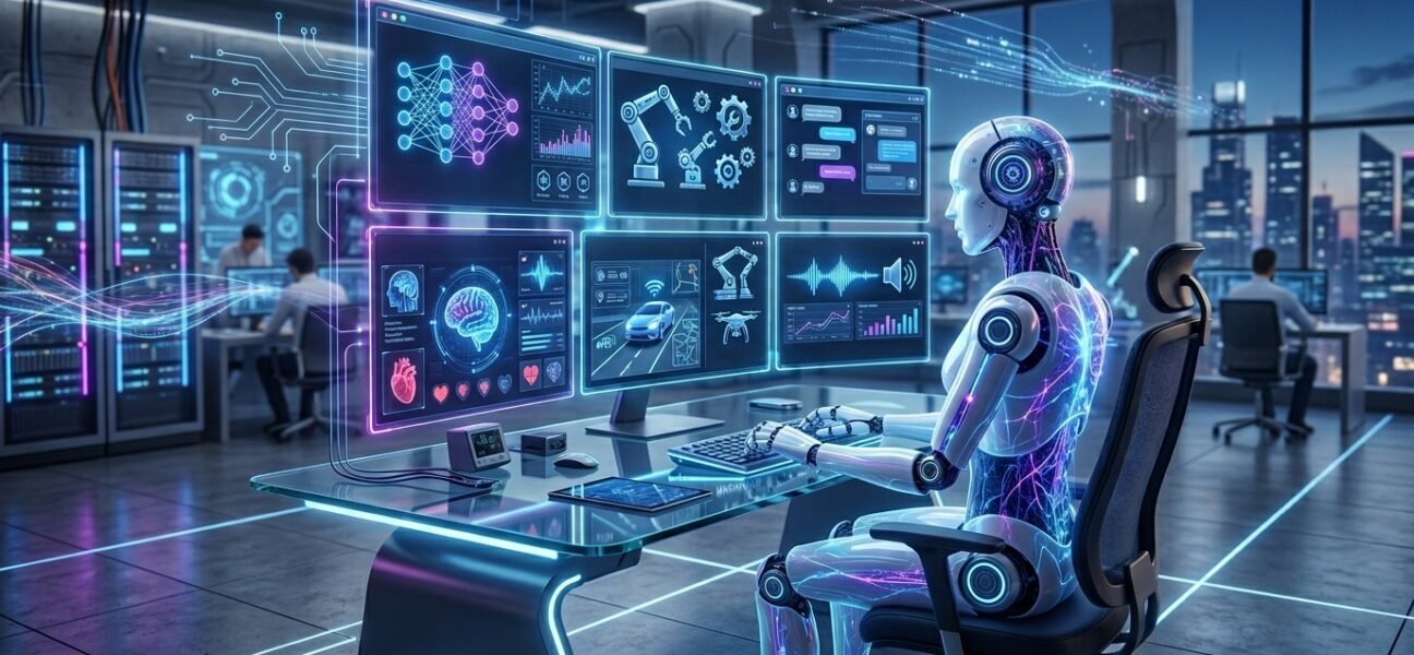 Futuristic artificial intelligence concept showing AI technology, automation tools, robotics, and digital innovation for beginners guide.