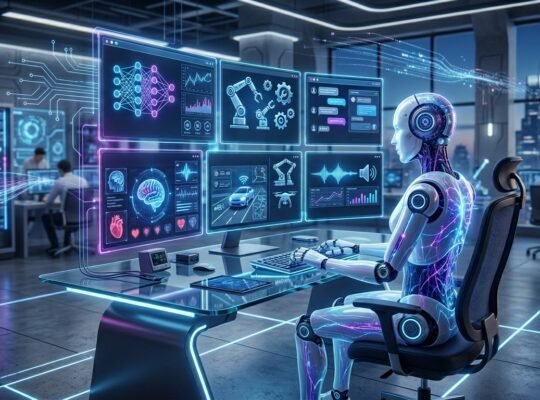 Futuristic artificial intelligence concept showing AI technology, automation tools, robotics, and digital innovation for beginners guide.