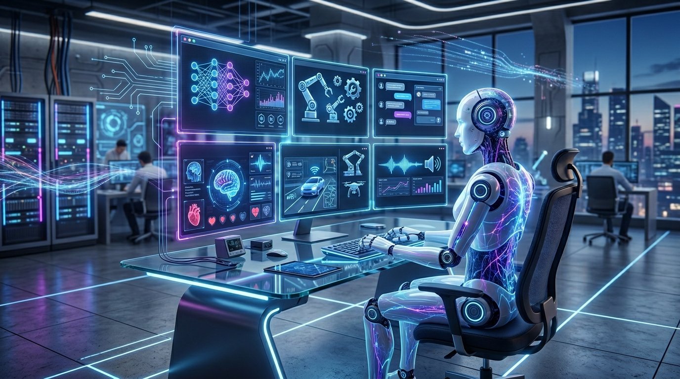 Futuristic artificial intelligence concept showing AI technology, automation tools, robotics, and digital innovation for beginners guide.
