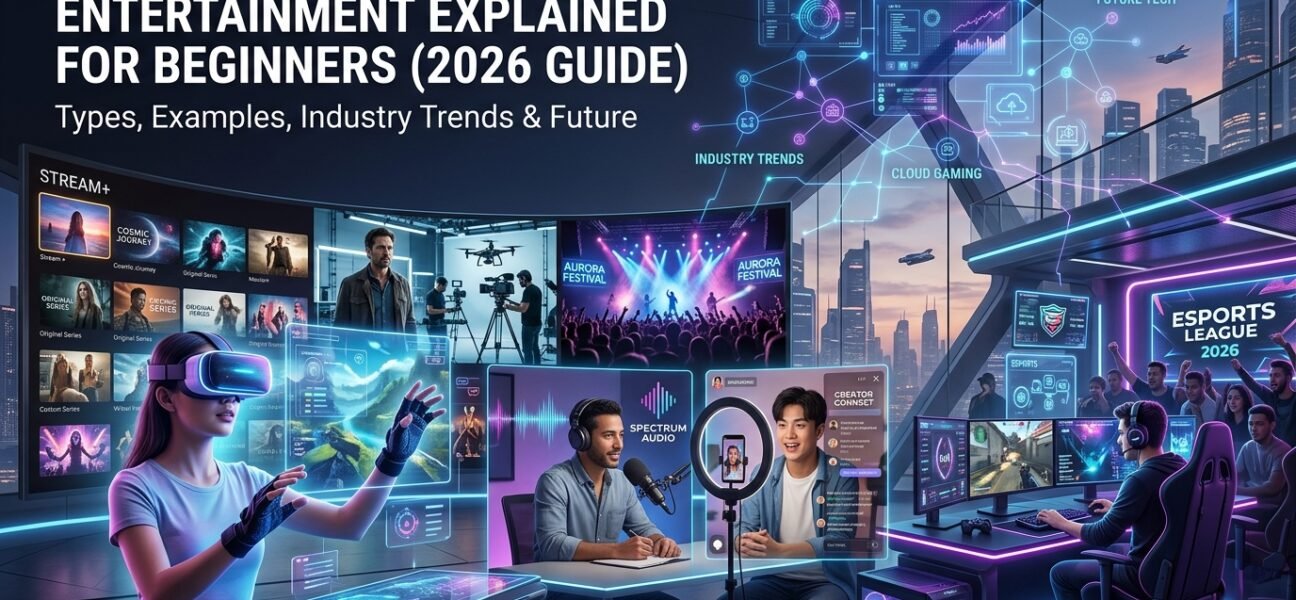 Futuristic entertainment industry concept showing streaming, virtual reality, gaming, concerts, social media creators, and AI-powered digital media trends in 2026.