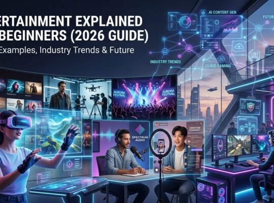 Futuristic entertainment industry concept showing streaming, virtual reality, gaming, concerts, social media creators, and AI-powered digital media trends in 2026.