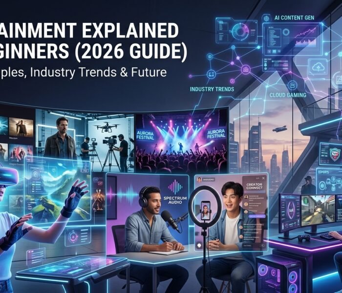 Futuristic entertainment industry concept showing streaming, virtual reality, gaming, concerts, social media creators, and AI-powered digital media trends in 2026.