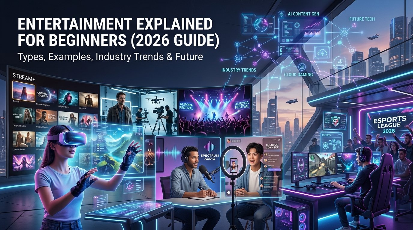 Futuristic entertainment industry concept showing streaming, virtual reality, gaming, concerts, social media creators, and AI-powered digital media trends in 2026.
