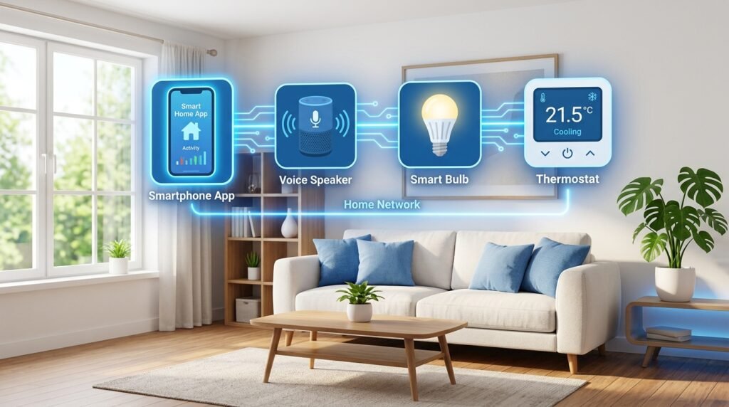 smart home devices connected in a modern living room illustration