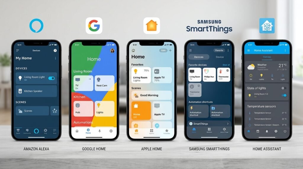 smart home ecosystem comparison apps Amazon Alexa Google Home Apple HomeKit

