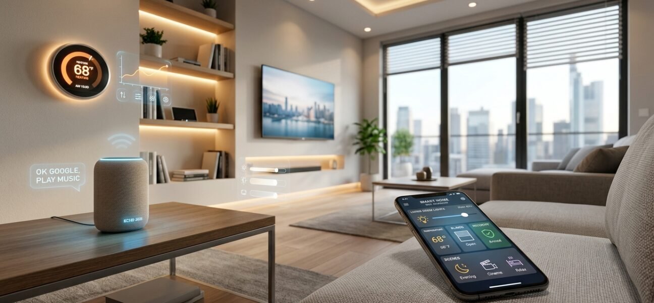 Smart home living room with smart speaker, thermostat, smart lighting, and smartphone controlling connected devices in a modern automated home setup.